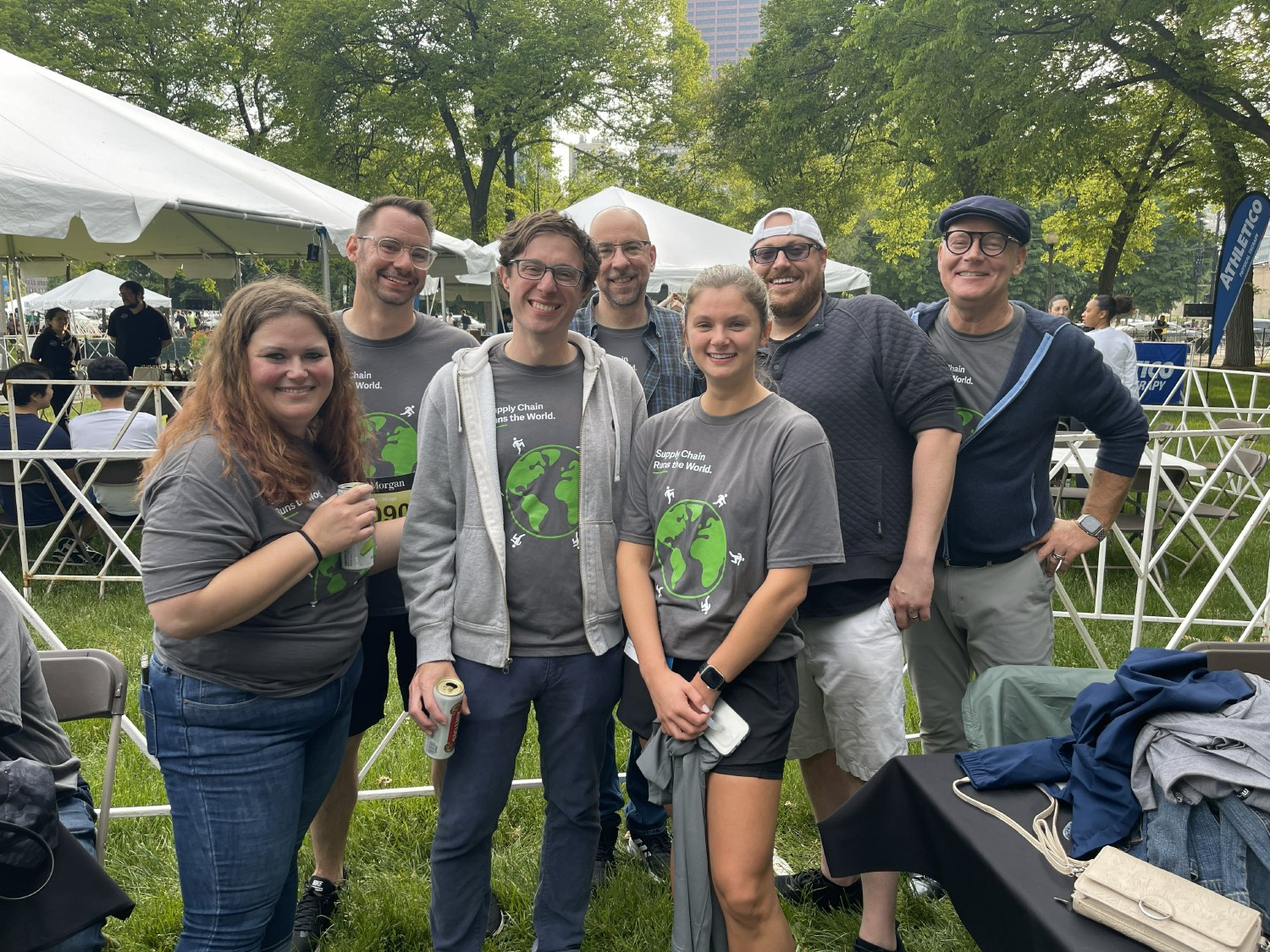 Enjoying food and drinks at our tent at the Chase Corporate Challenge