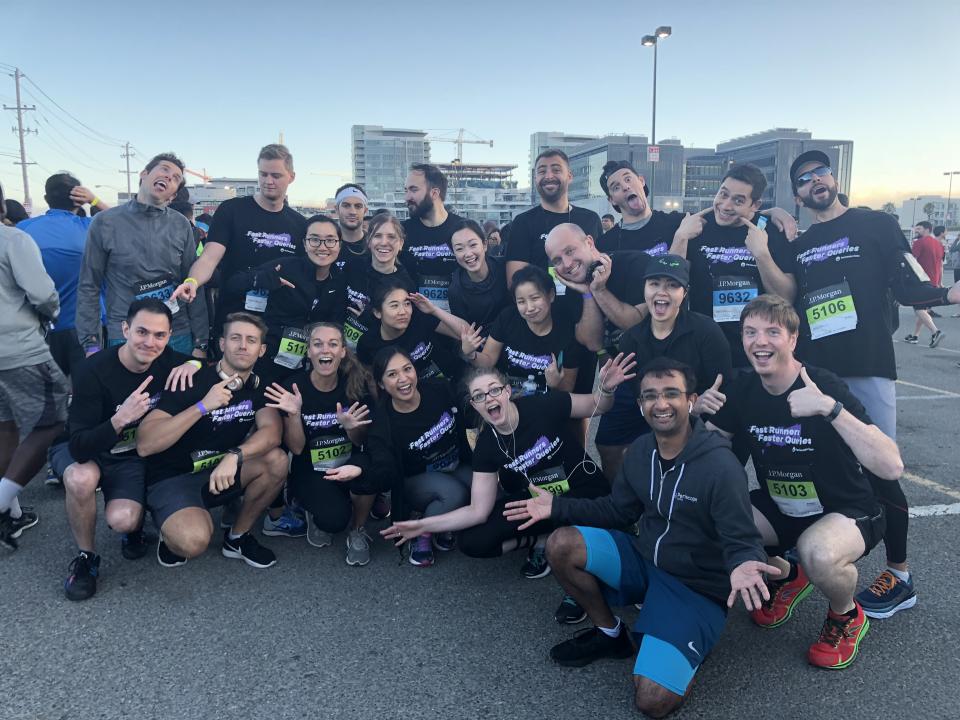Here's a team of Periscopers getting ready to run the Chase Corporate Challenge in SF. Periscope has numerous sports teams including soccer and volleyball, as well as monthly yoga classes and trips to the rock climbing gym.