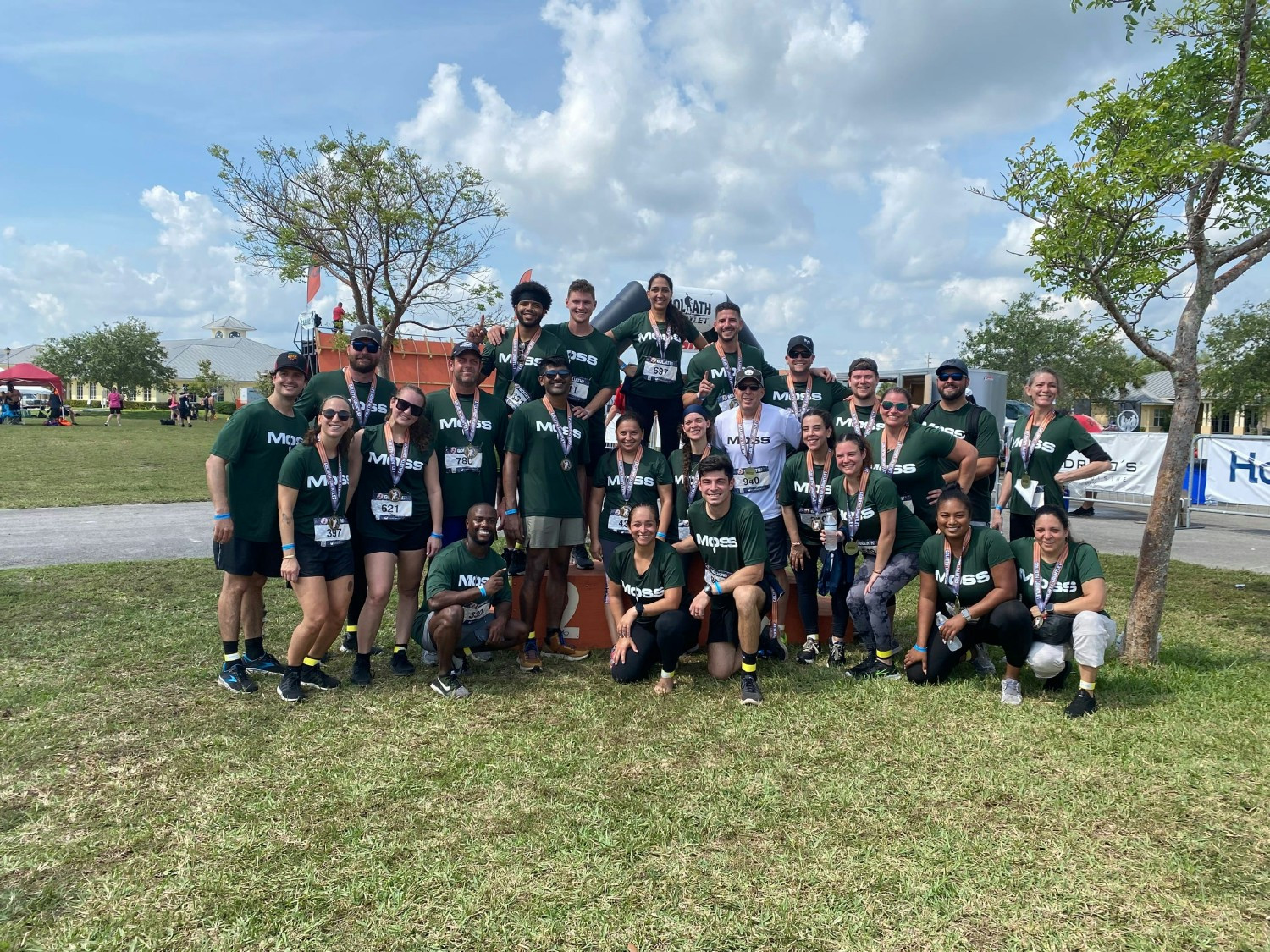 Workers socially distancing at the Miami Dolphins Training Facility during the pandemic.