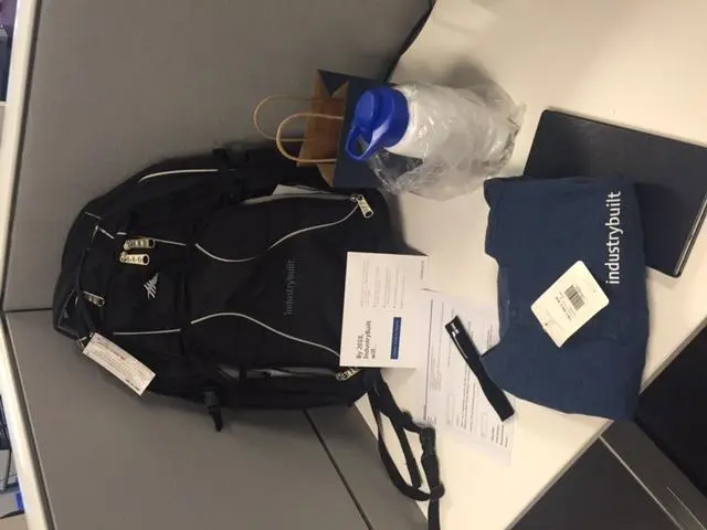 Builder Welcome kit. All new employees receive this kit on their first day of work It contains some branded items and some fun stuff too!