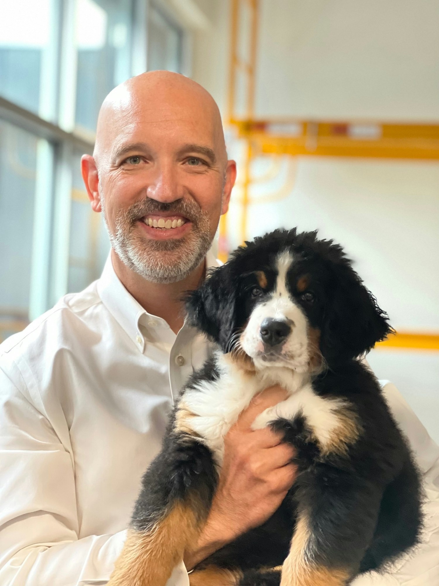 Our CEO, Andre Carrier, with Clover, the newest employee-owner of The Brook, who is being trained as a service dog. 