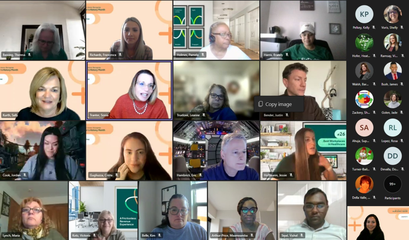 A virtual session celebrating International Woman's Day discusses women in the workplace.