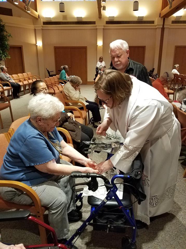 Our Director of Pastoral Care, Pastor Laura washed hands as a way to practice humble service, similiar to Jesus washing his disciples feet during the Last Supper.