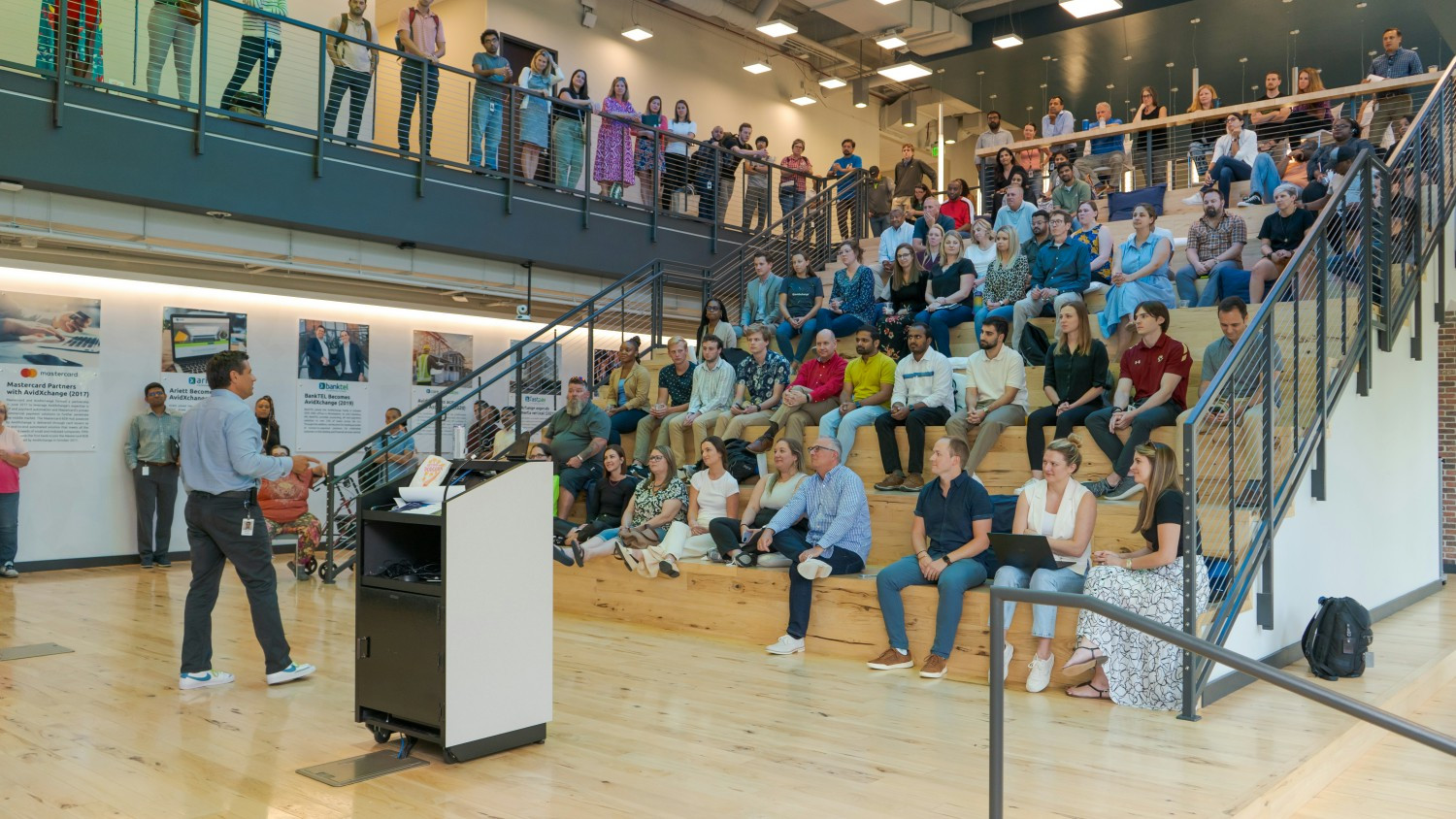 Teammates enjoying some words from our CEO & Co-Founder, Mike Praeger at our Charlotte HQ.