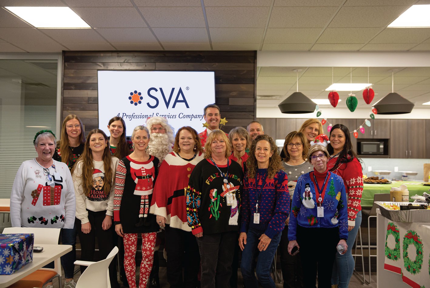 SVA employees celebrating the holiday season by dressing in their 