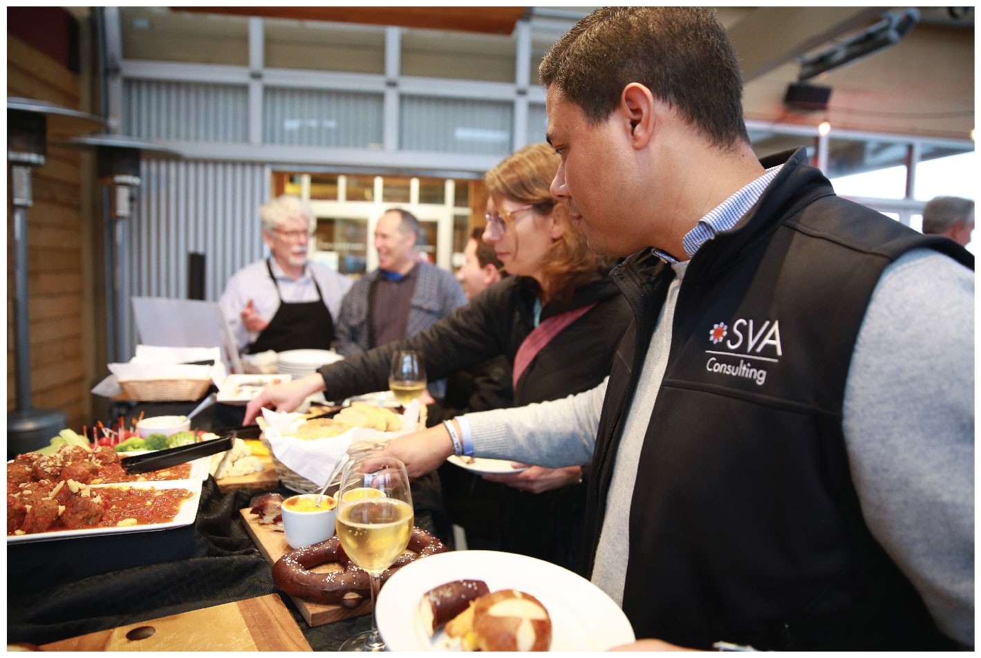 SVA employees enjoying a meal together.