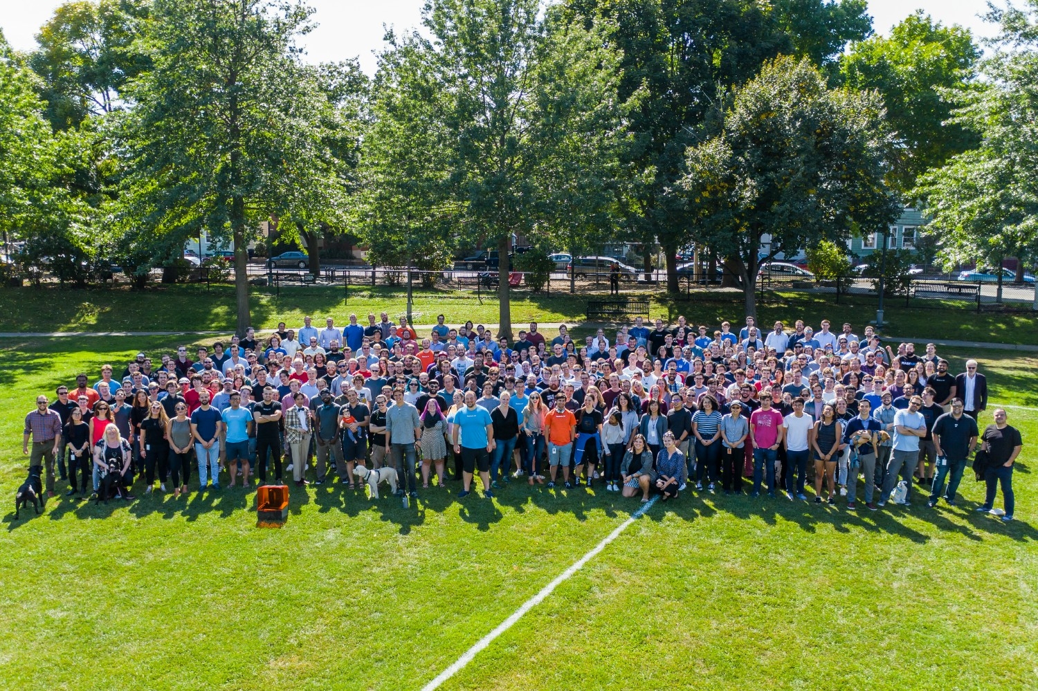 Formlabs employees seconds before a pigeon collides with the drone taking this picture