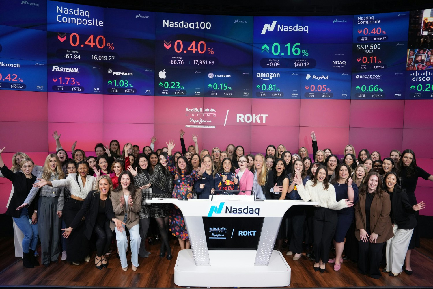 Womxn who Rokt ringing the Nasdaq bell to celebrate Rokt's commitment to fostering diversity in F1 and women in STEM