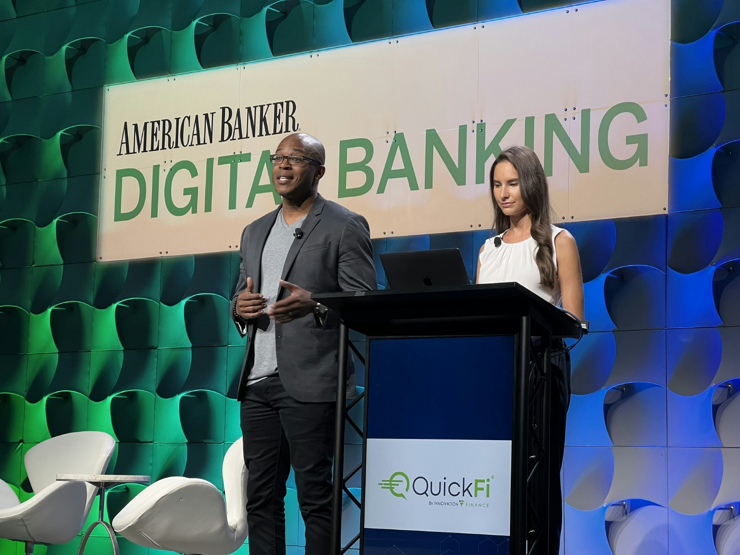 QuickFi executives Nate Gibbons and Jillian Munson presenting at the American Banker digital technology event in Austin.