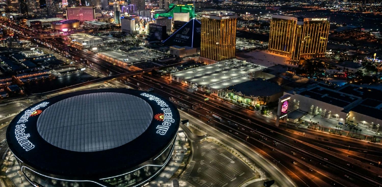 Top view of Allegiant Stadium, home of the Las Vegas Raiders.
