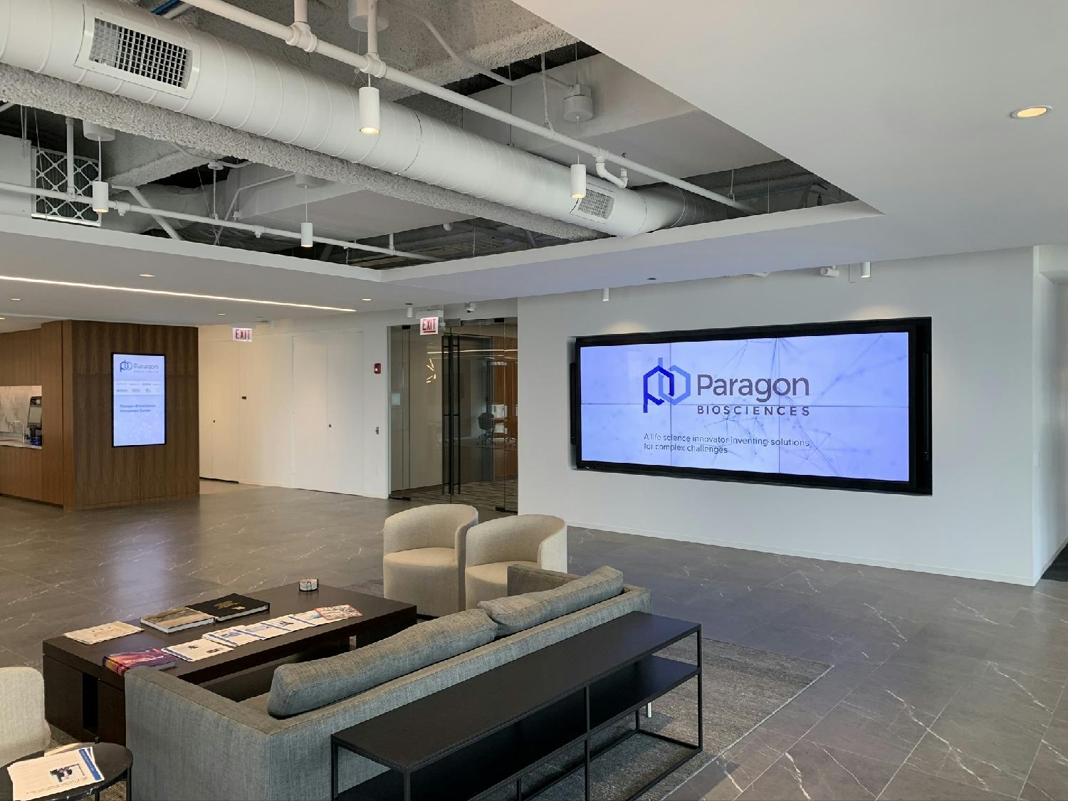 Visitors are greeted in our reception area that features an informational video about Paragon.