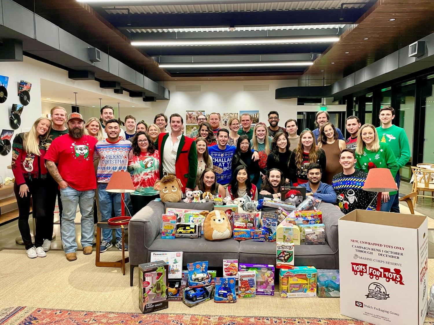 The Austin office hosts a toy drive for Toys for Tots charity during the holiday season.