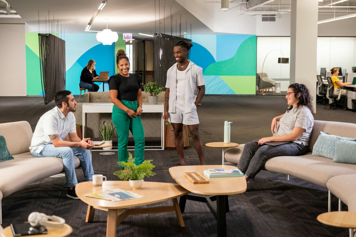 Sprout employees at Chicago HQ gathering for an informal chat.