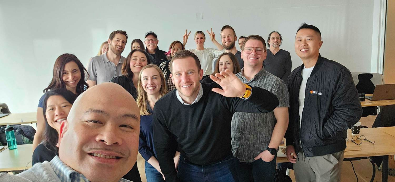 San Francisco, CA-based GitLab team members getting together to watch the virtual FY26 company kick-off
