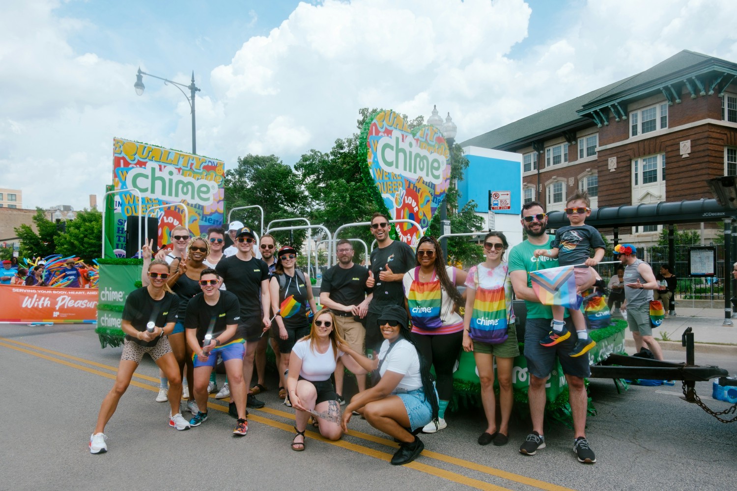 Chimers alongside the Chime float during the Chicago Pride Parade