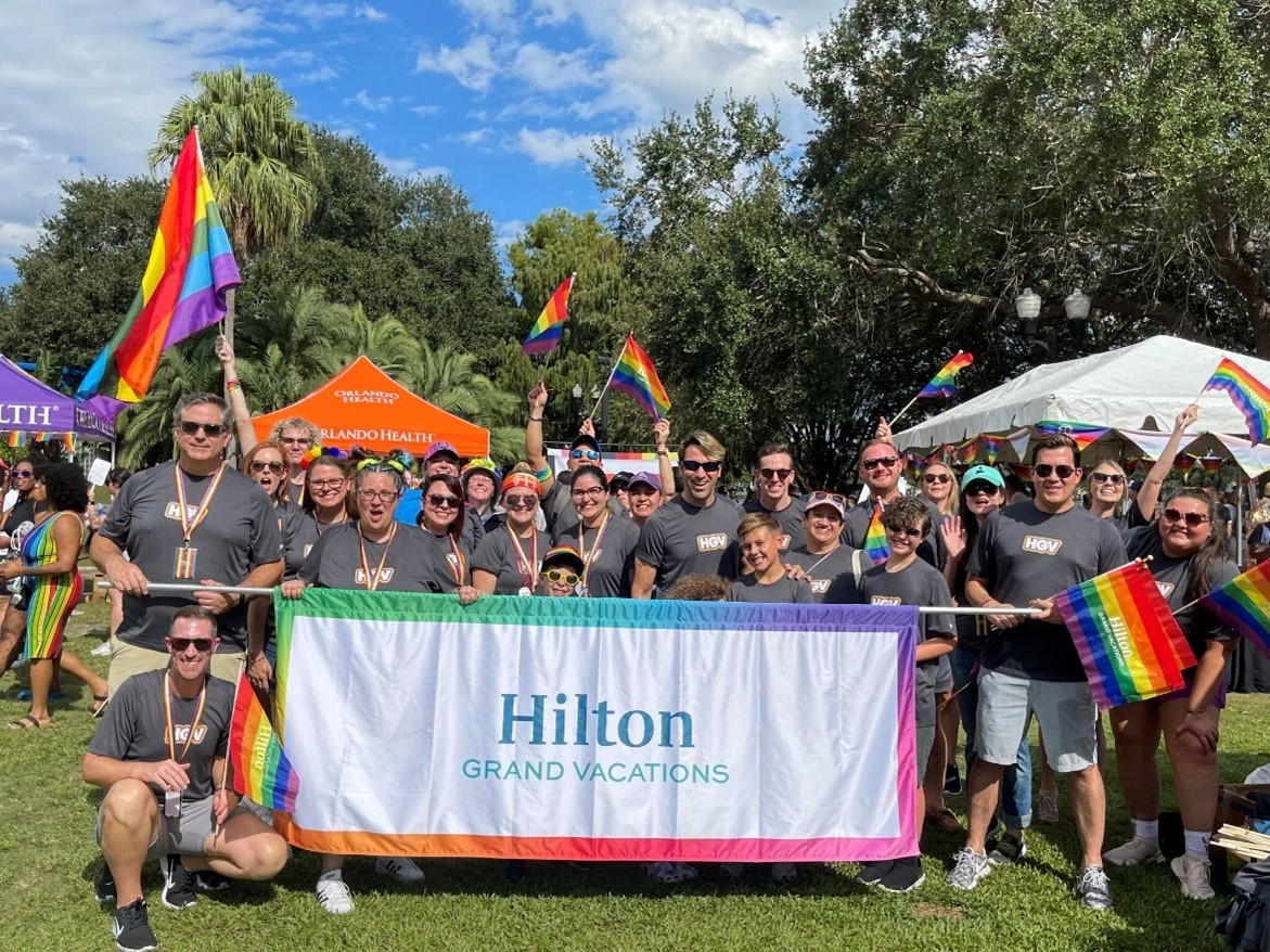 HGV's Pride Team Member Resource Group (TMRG) and team members celebrating Orlando Pride event. 