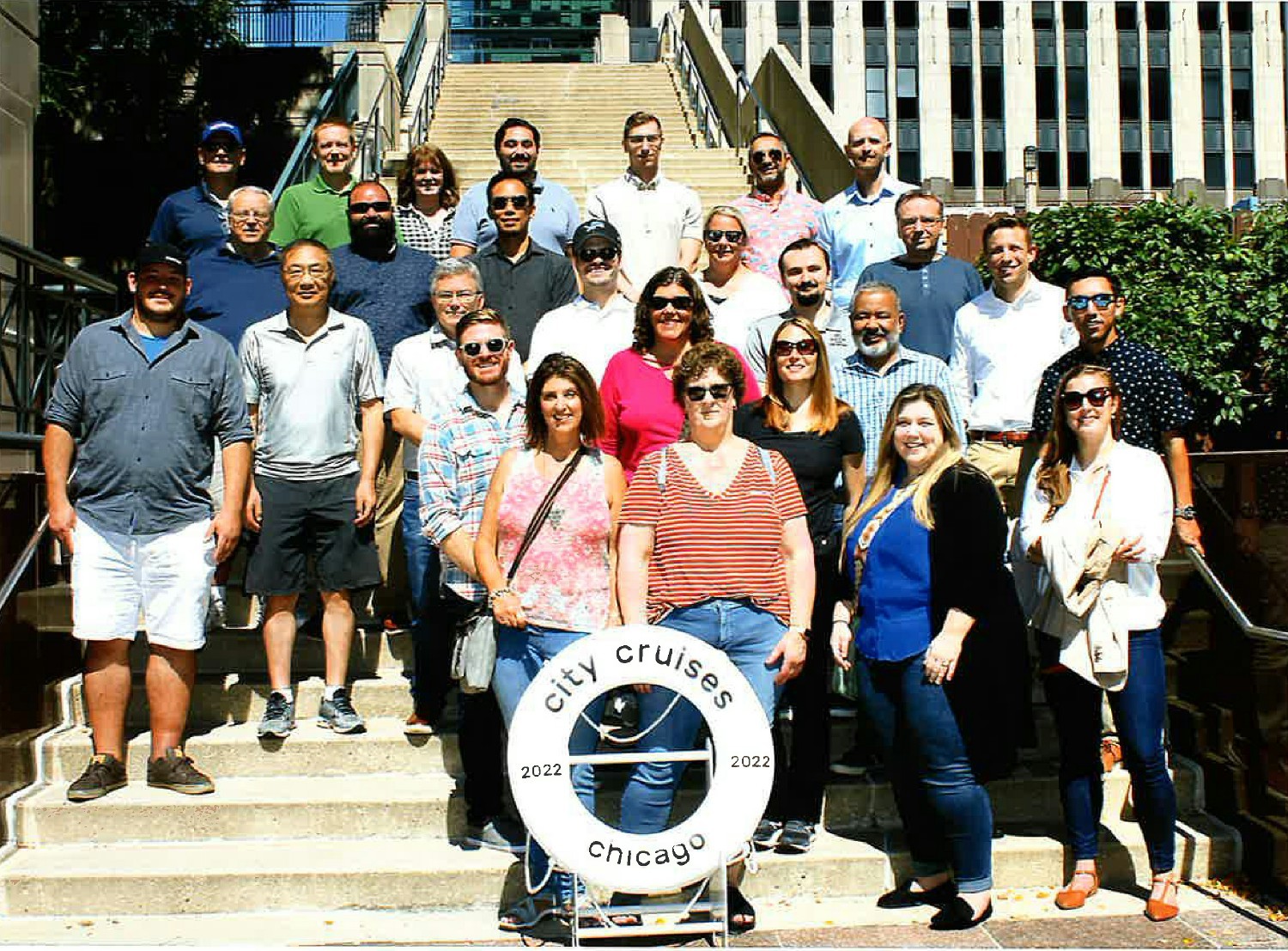 The Sasser Shared Services team getting ready to board the Odyssey Chicago River Boat for a fun employee outing.