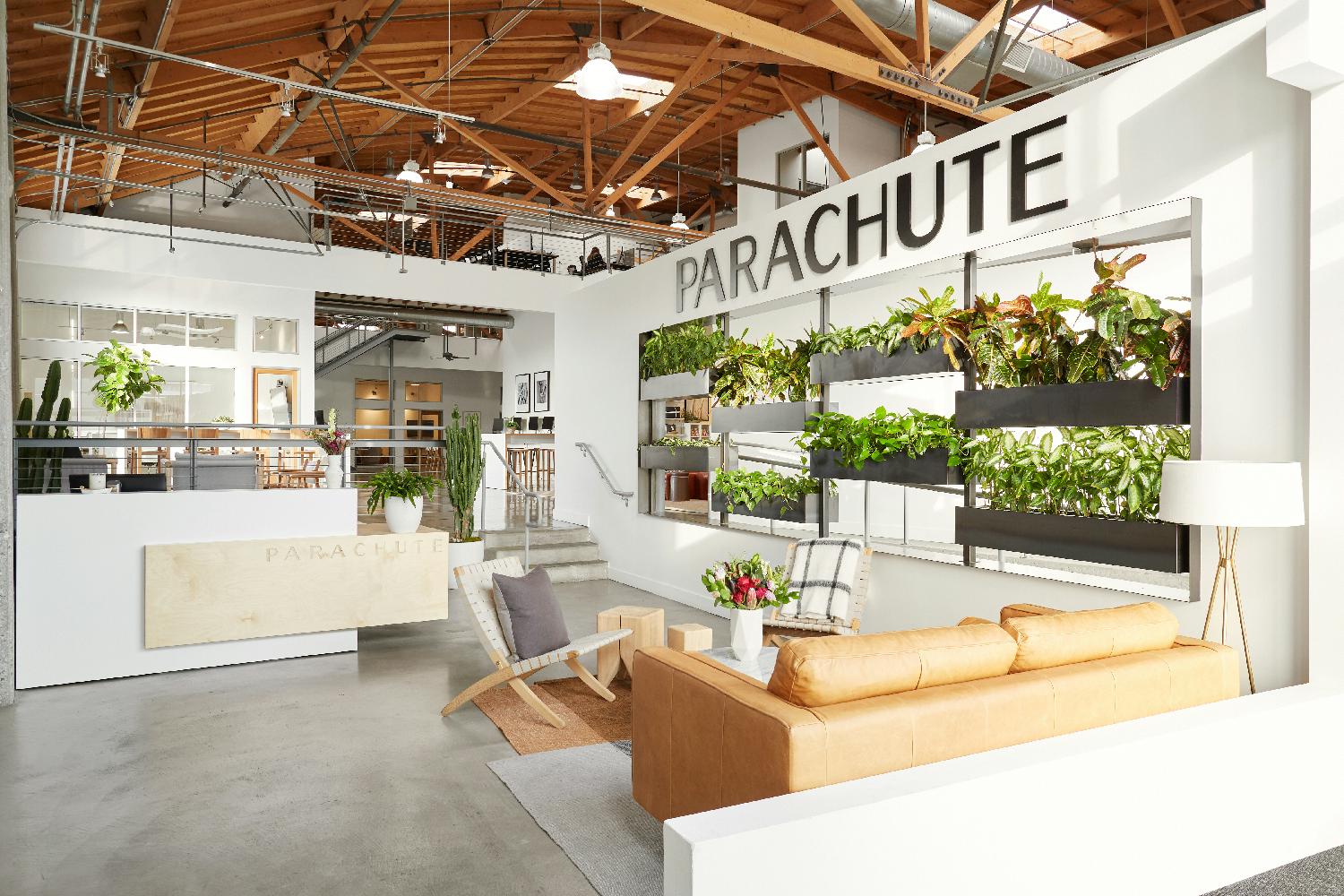 The lobby of Parachute's open and airy 17,000-square-foot HQ in Culver City, CA.