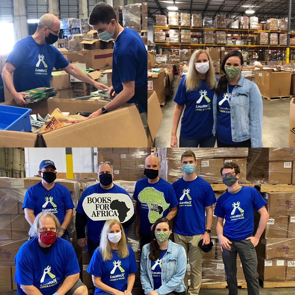 DURING THE COVID-19 PANDEMIC, LOCATORX EMPLOYEES VOLUNTEERED AT A NON-PROFIT TO PACK BOOKS FOR  AFRICAN STUDENTS IN NEED