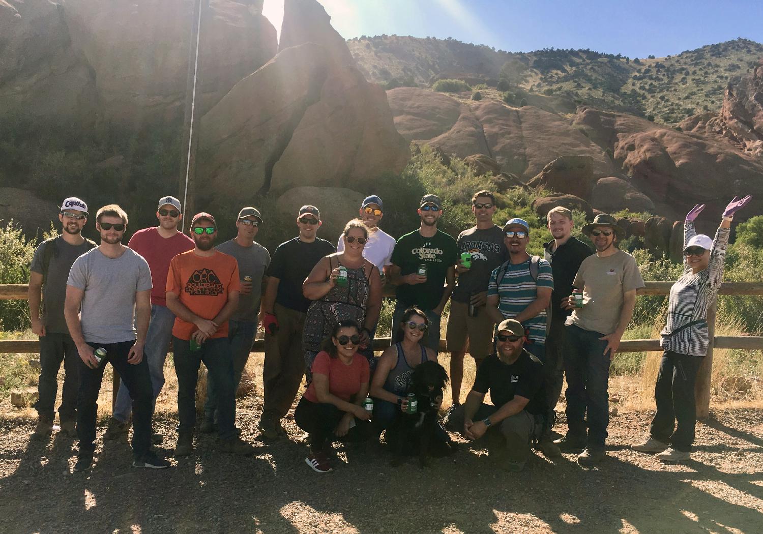 HR Green Denver team members volunteering at Red Rocks Park and Ampitheatre, helping with trail restoration.
