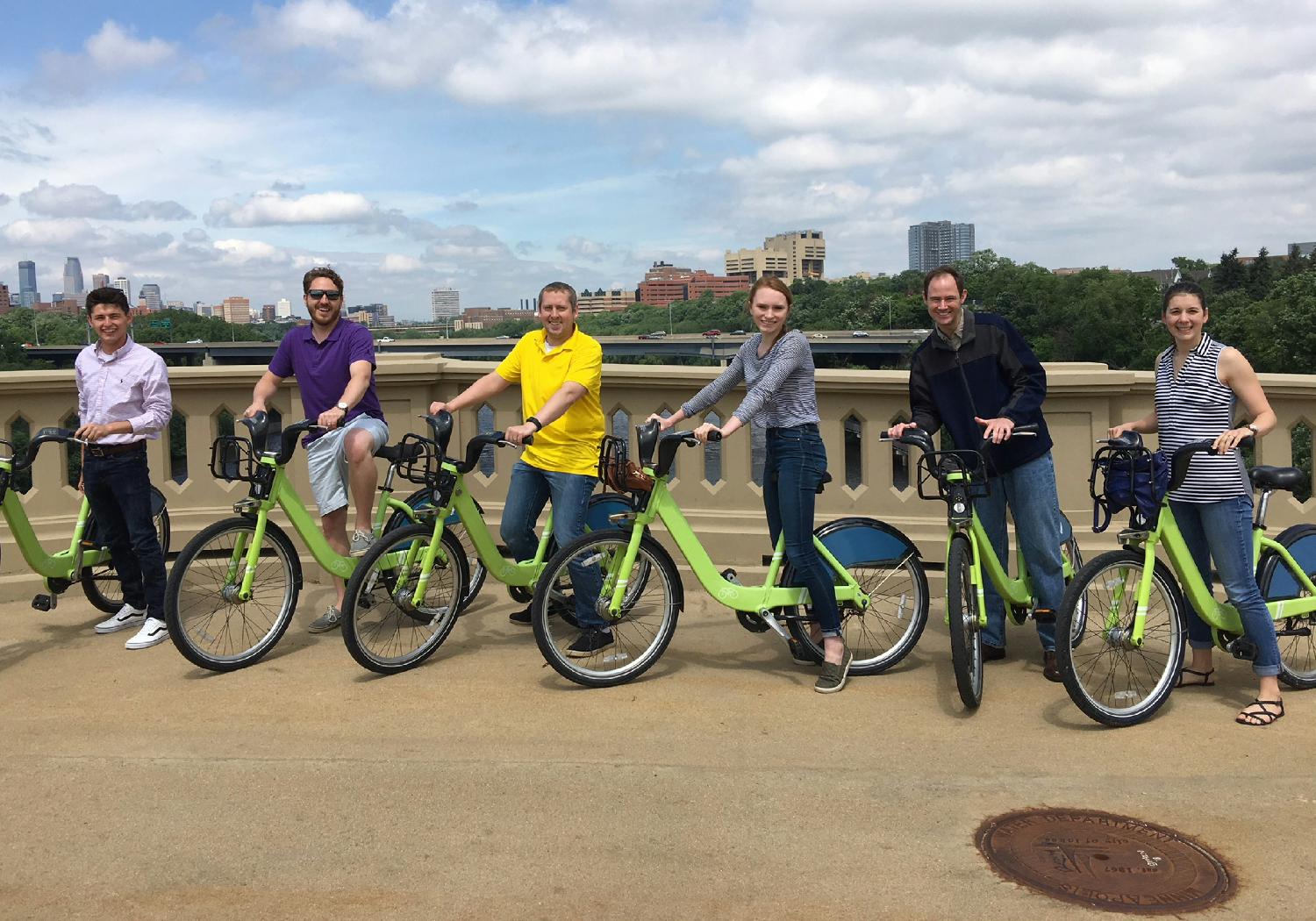St. Paul Young Professionals group members enjoying a group outing using the Twin Cities NICE RIDE public bikes. 