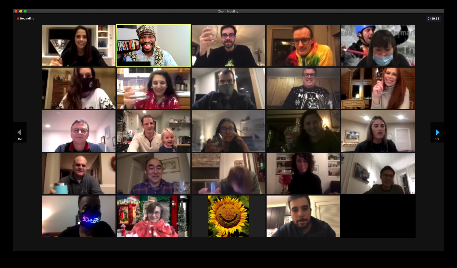 Sharing a cheers with our colleagues over Zoom for our 2020 Holiday Party (Ugly Sweater Edition)!