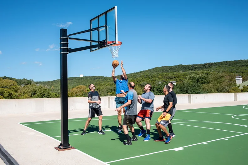 Onsite basketball court, volleyball court, game room, on-site haircuts, oil changes, massages & many interest groups.