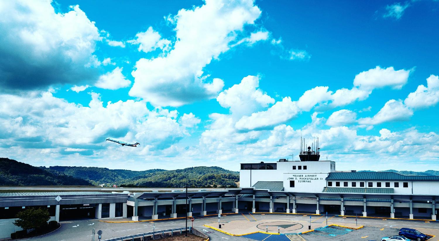 Yeager Airport sits on a hilltop over 300 feet above the valleys of the Elk and Kanawha Rivers.
