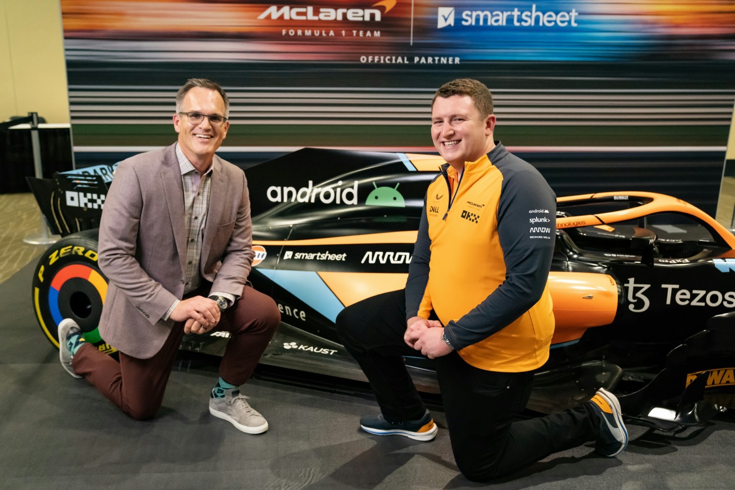 Smartsheet CEO Mark Mader with McLaren's Head of Commercial Technology Ed Green.