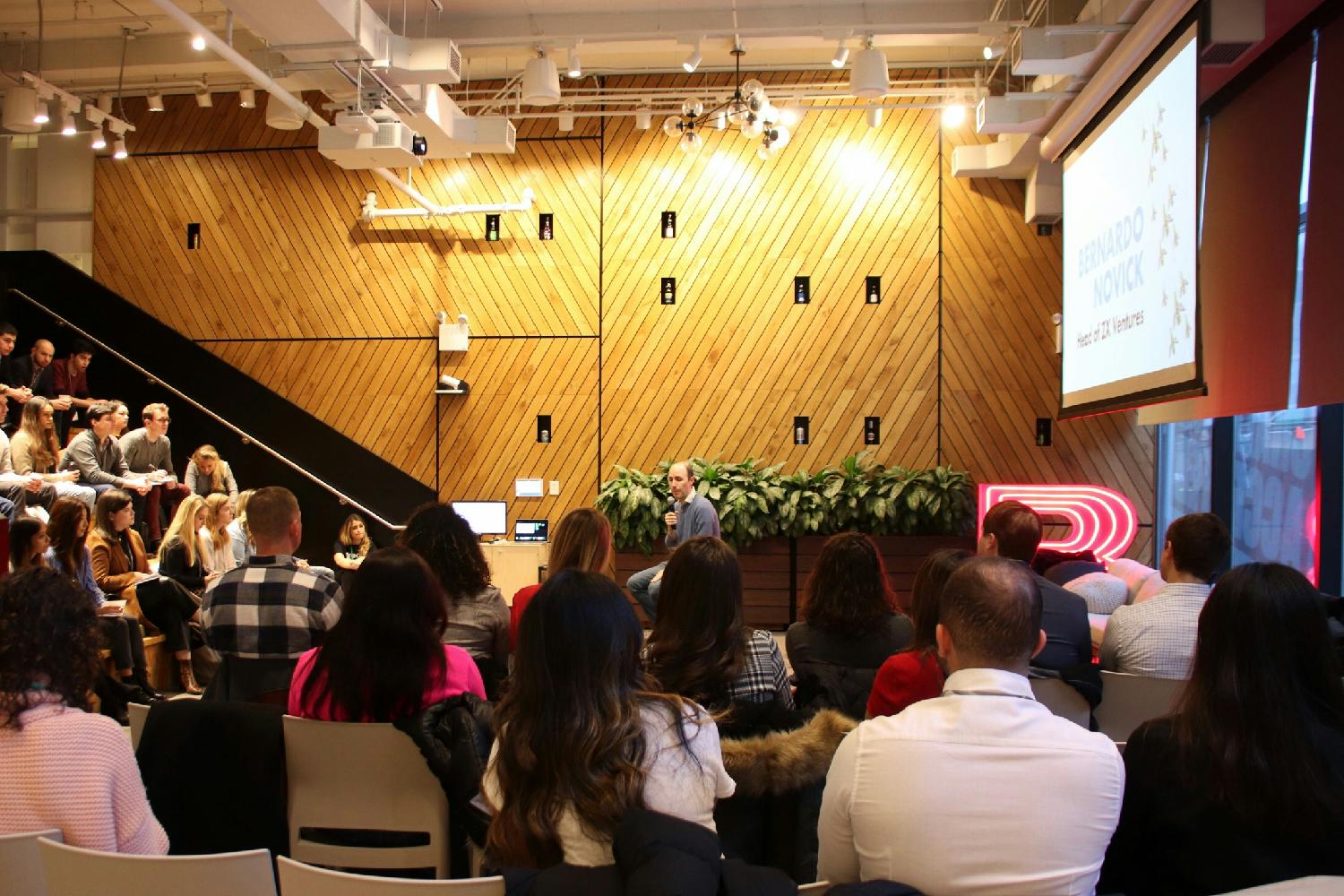 Bernardo Novick, head of ZX Ventures, speaks to students at ZX's NY office.