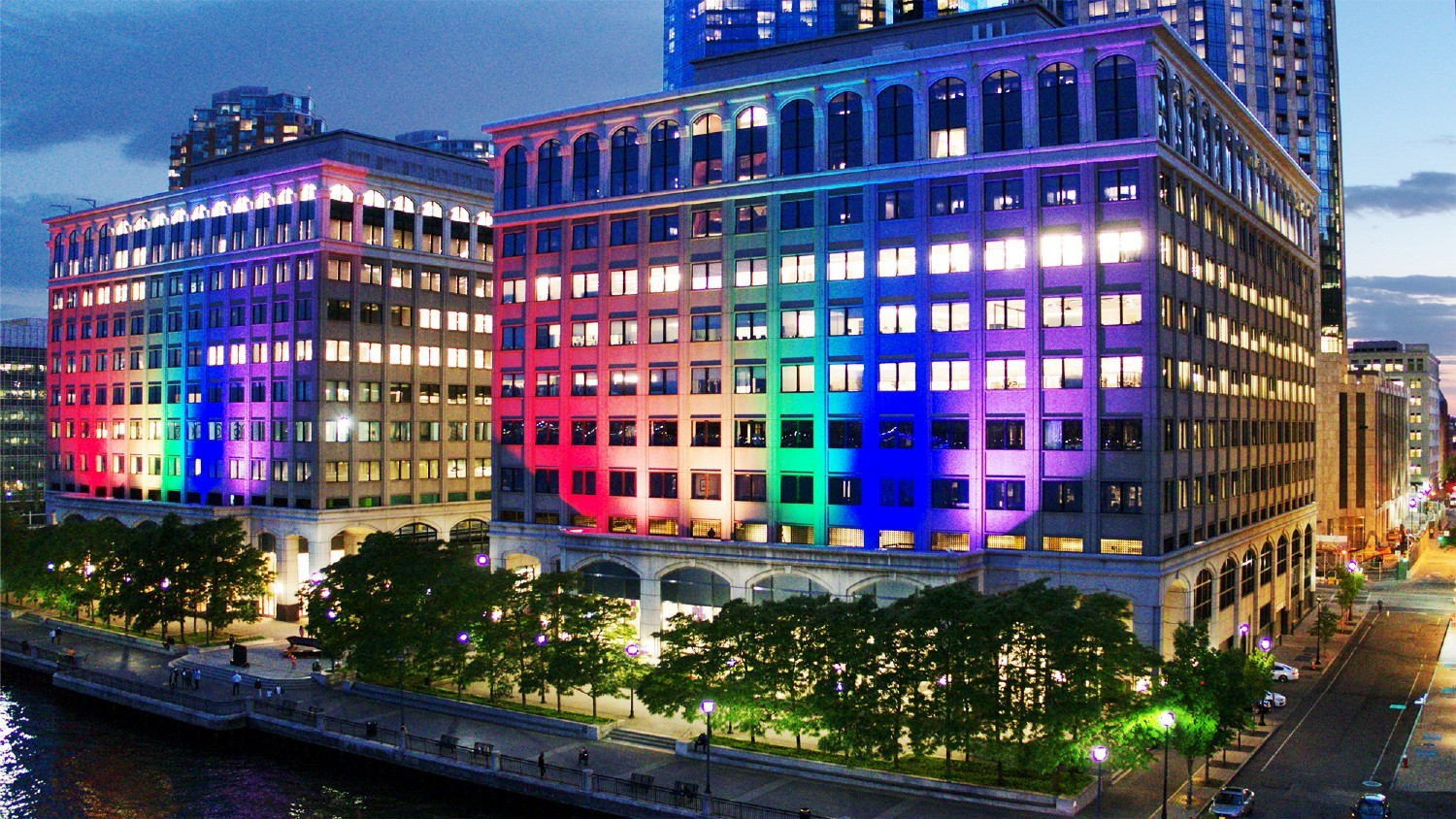 Lord Abbett illuminates our HQ building in rainbow flag colors in June signifying allyship for the LGBTQ+ community.