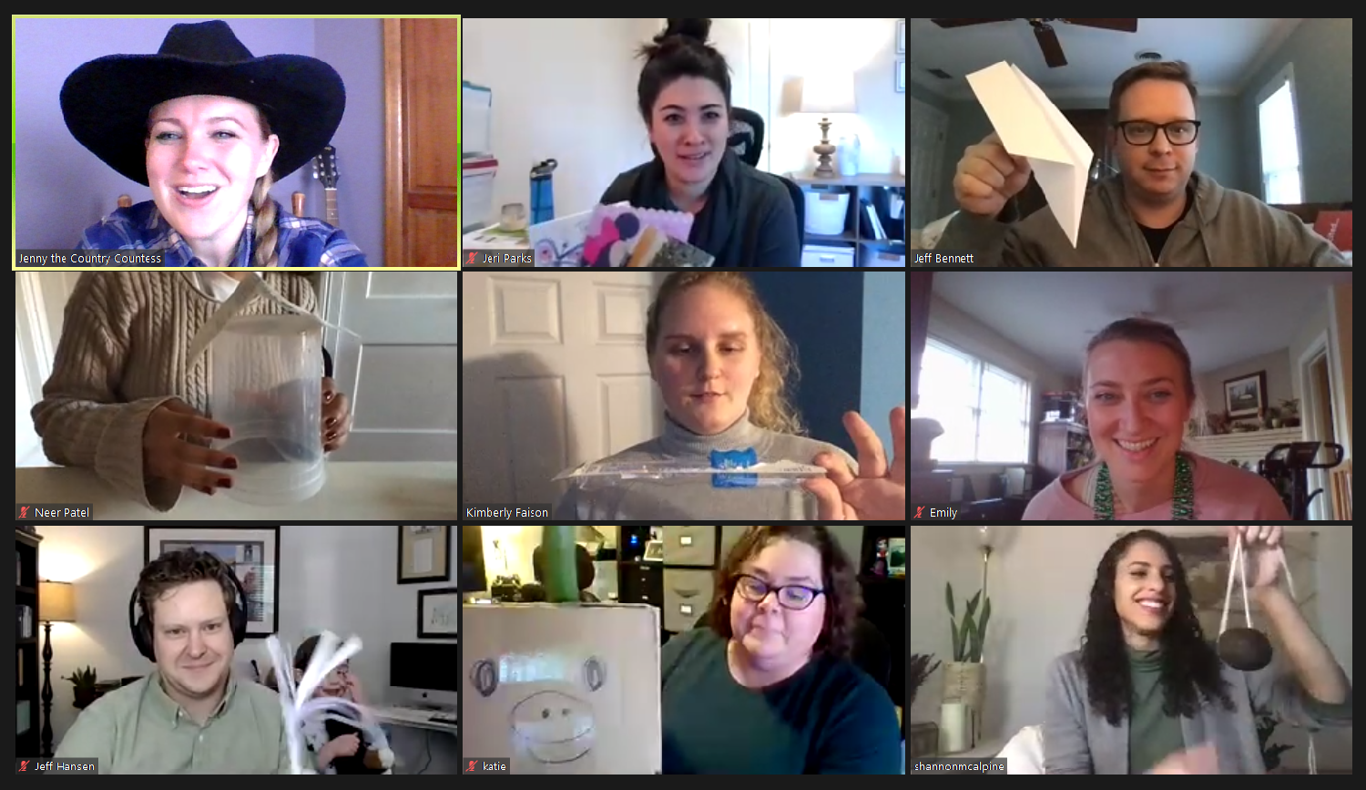 Showing off our goofy side during a virtual scavenger hunt.