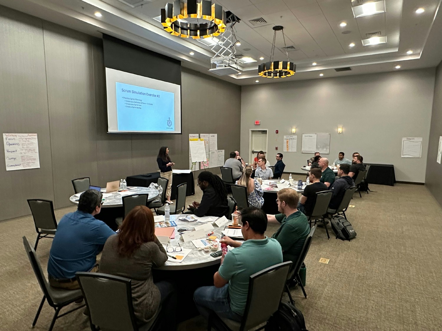 Technology team members learn together during a Scrum training session.