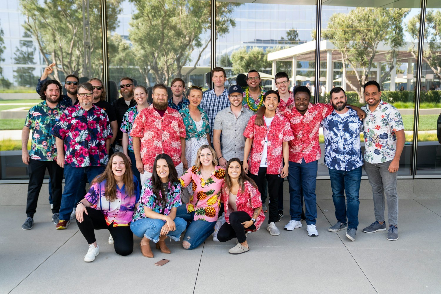 Kajabi’s Product and Engineering teams matching in Hawaiian shirts.