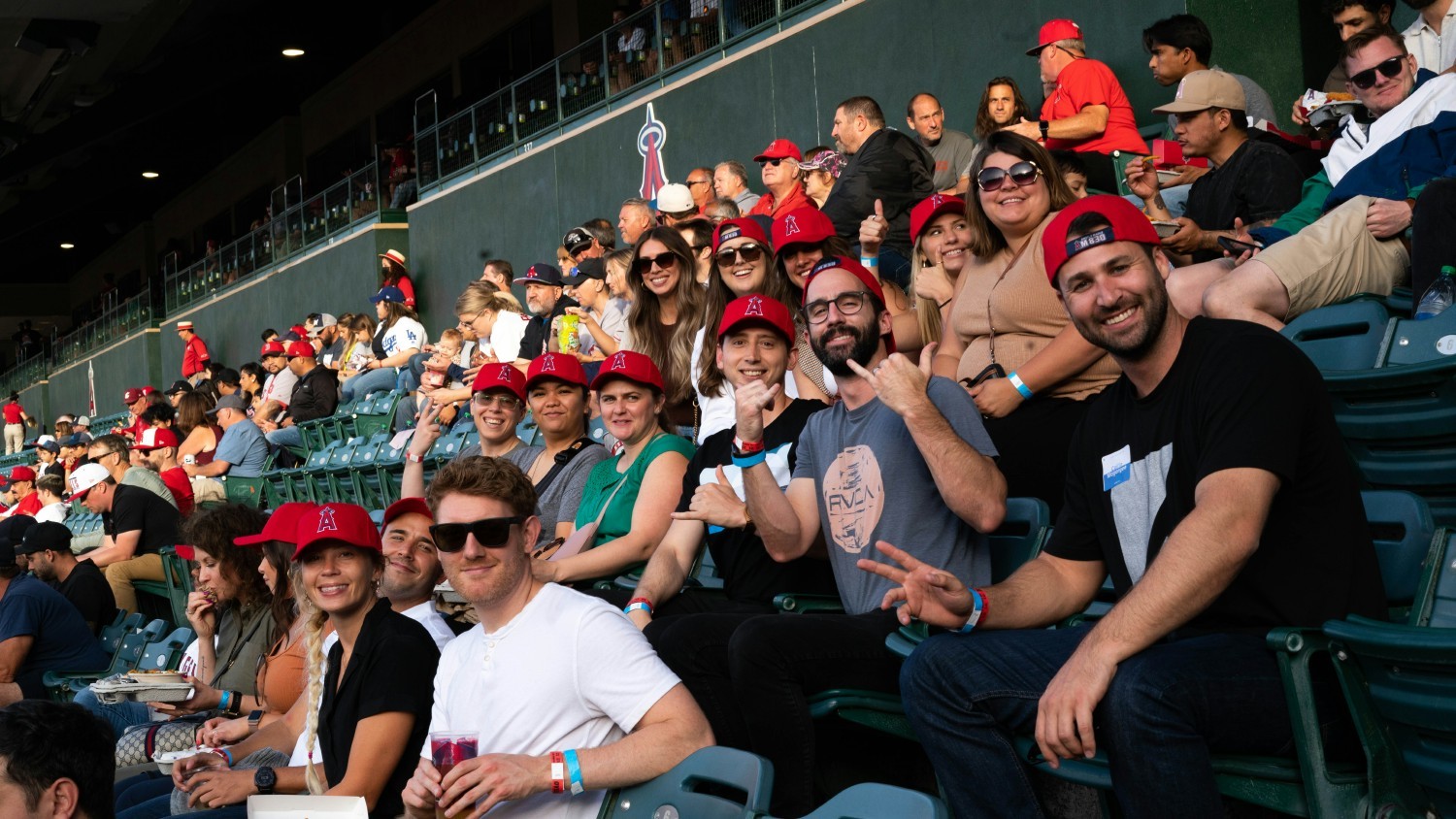 Kajabi team excited for the first baseball game together at Angel Stadium. 