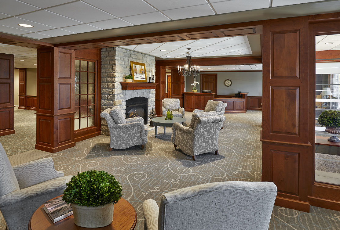 A warm and inviting front lobby and reception area.