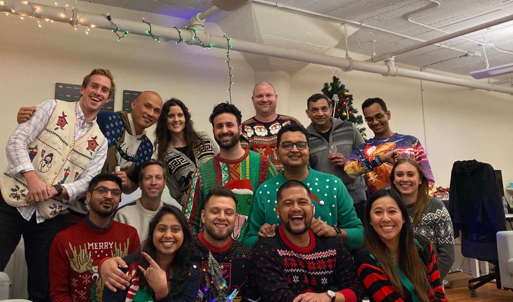Our 2019 Christmas celebration at the San Francisco office - we took the ugly sweater competition to the next level.