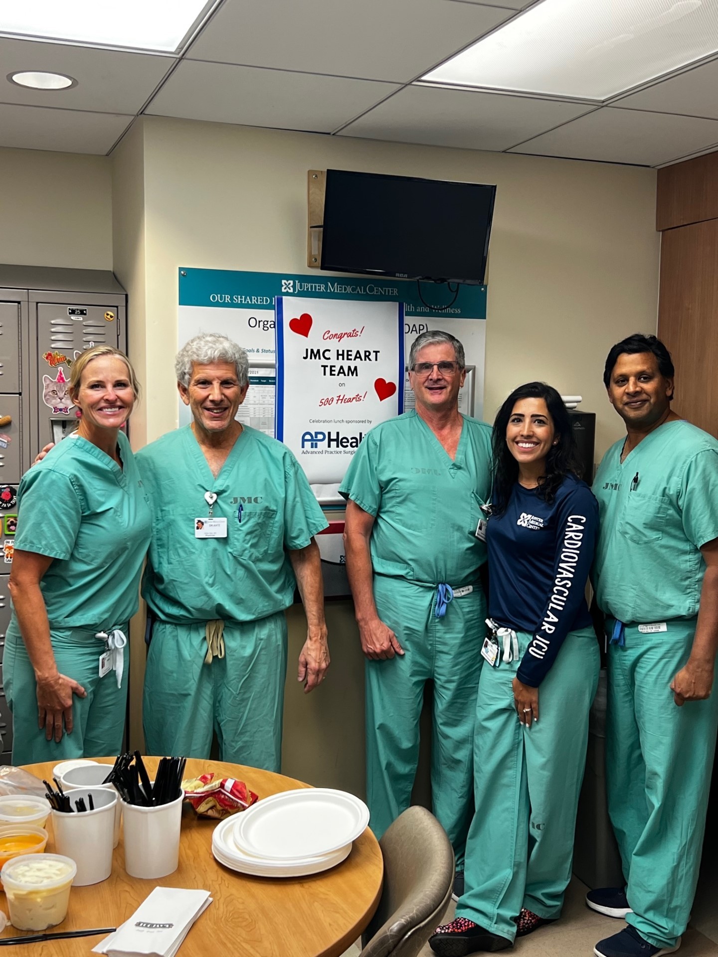 Our cardiac team celebrating a milestone of 500 heart operations with two of our top surgeons at Jupiter Medical Center 