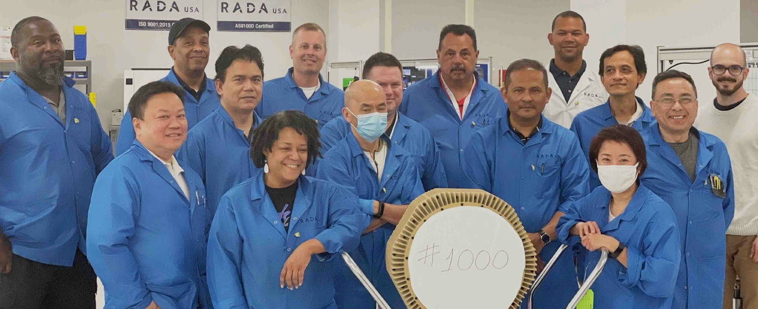 RADA USA Assembly floor team celebrating the assembly of the 1000th Multi-Mission Hemispheric (MHR) Radar. 