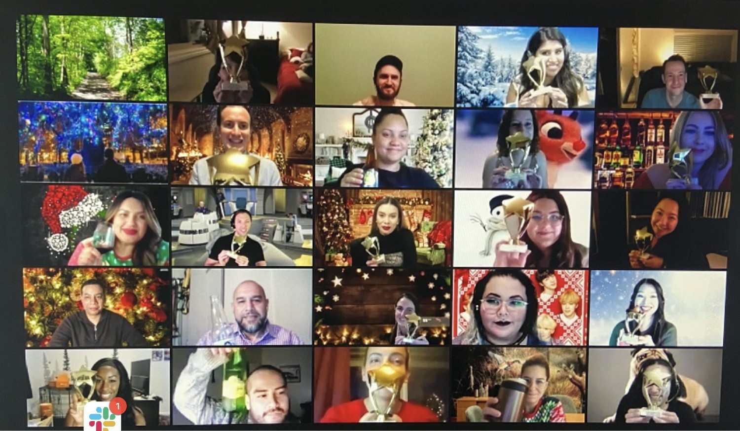 A great screen shot of our virtual company event with our employees and their trophies. 