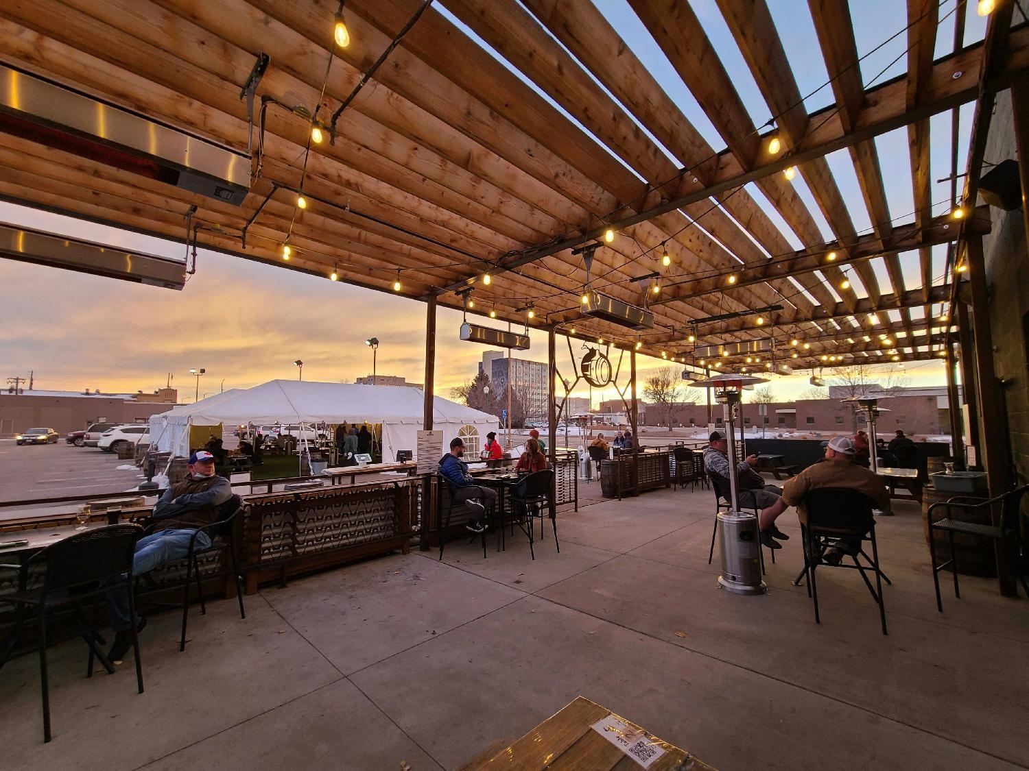 View of the Colorado sunset from the WeldWerks patio at dusk.