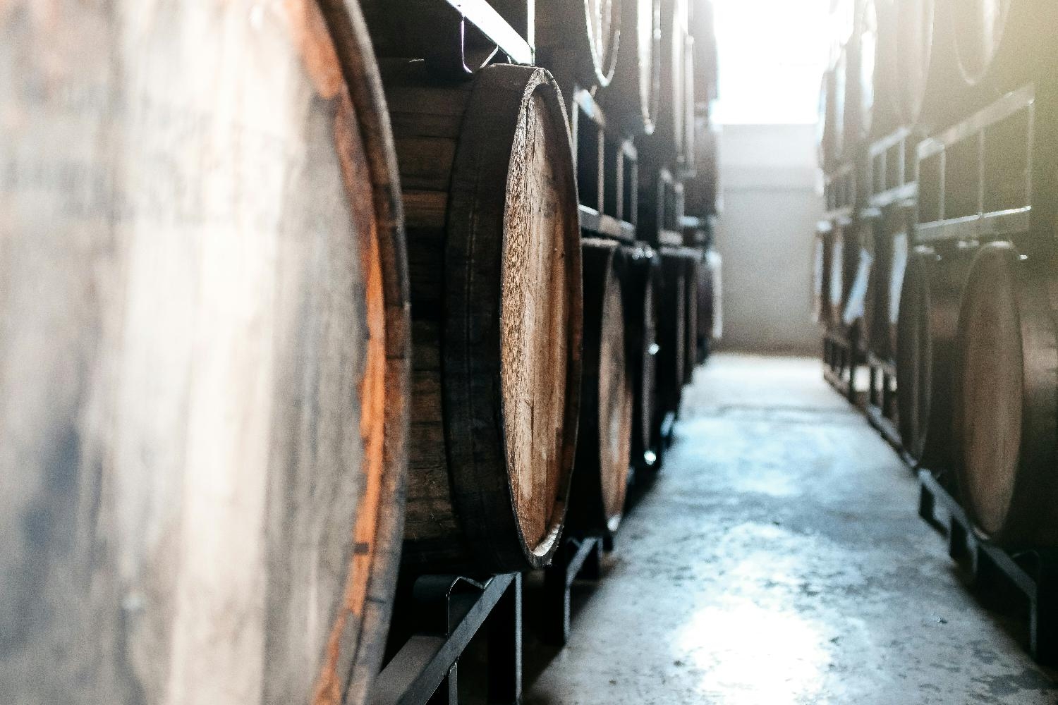 A small portion of the nearly-500 oak barrels that WeldWerks uses to age beer in.