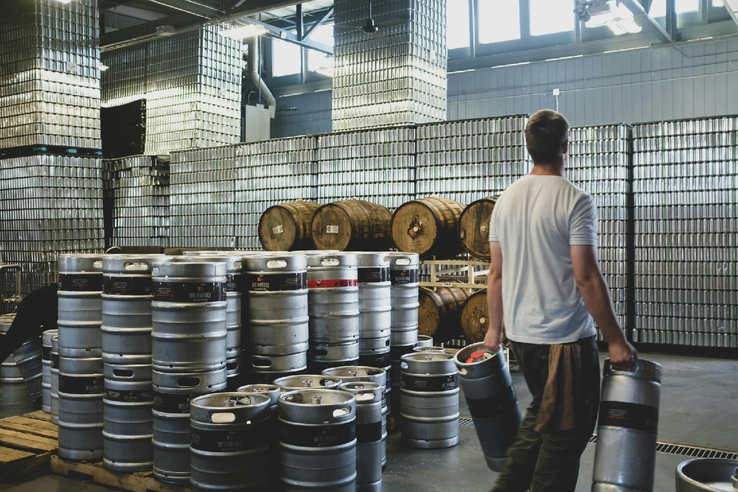 Cans and kegs in the WeldWerks production facility.