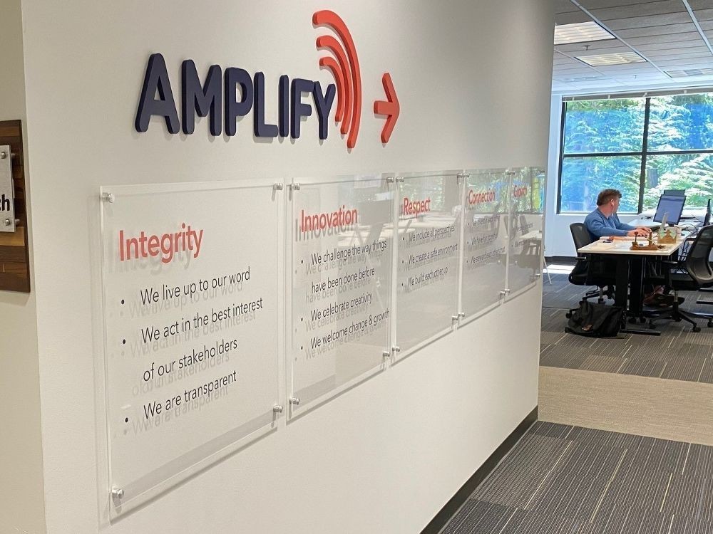 Amplify's HQ in Bellevue, WA showing our 5 core values: Integrity, Innovation, Connection, Respect, & Growth.