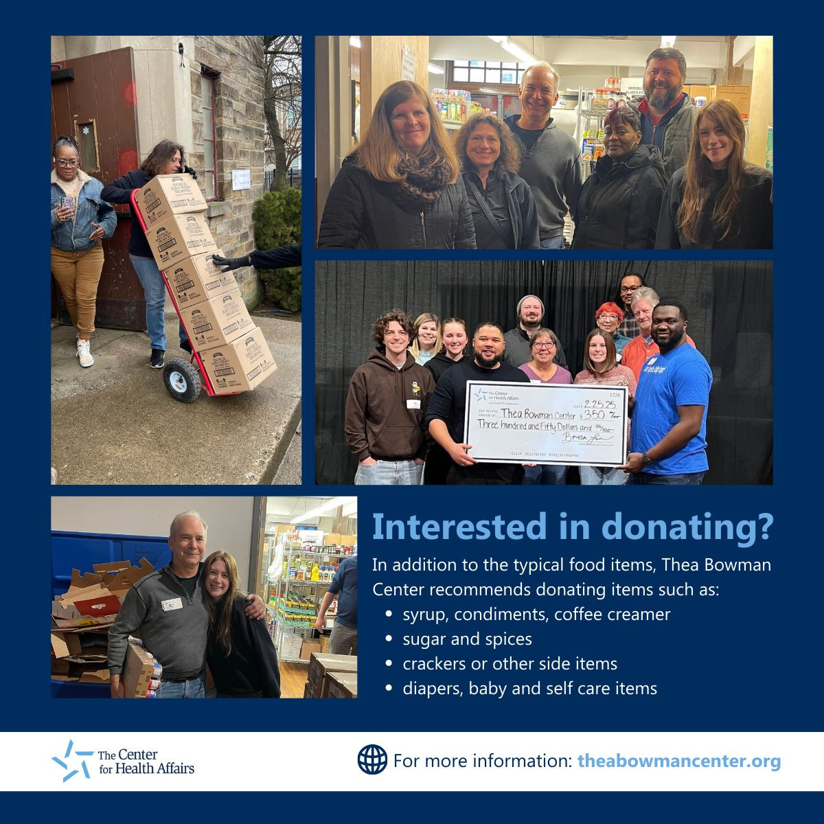 Our team donating time and money to a local food pantry in the community. Feb.