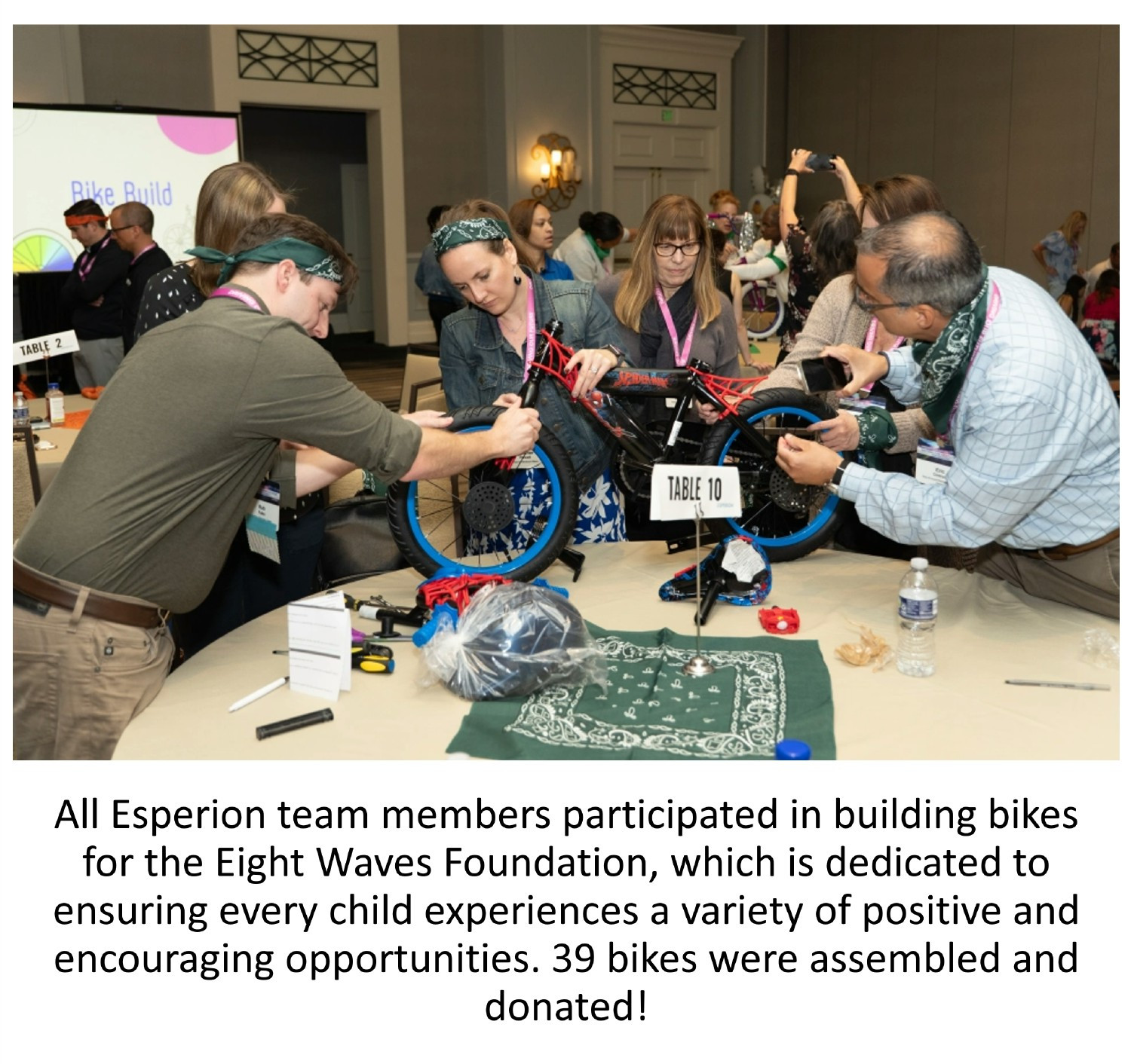 All Esperion team members participated in building 39 bikes for the Eight Waves Foundation.