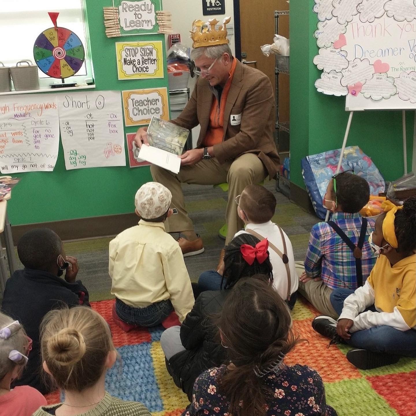 Founding Board Chairman Greg Thompson serves as a weekly guest reader in the Roaring Readers first-grade class. 