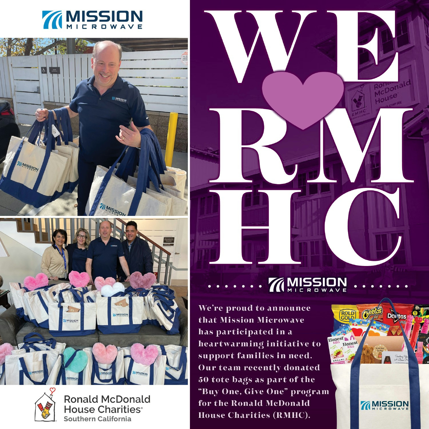 Mission Microwave proudly donated 50 tote bags to Ronald McDonald House as part of the “Buy One, Give One” program! 💜🏠