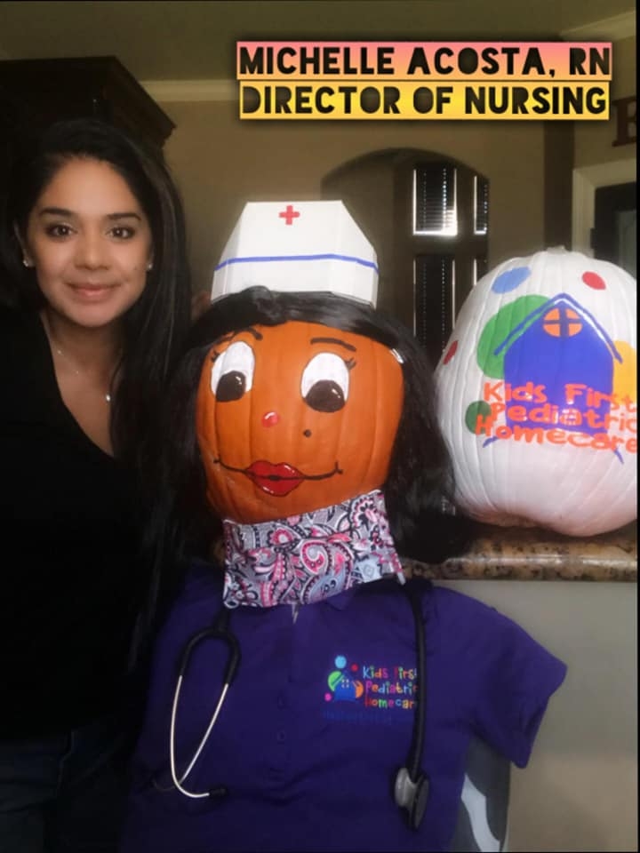 Meet our Director of Nursing, Michelle Acosta, RN with her life size pumpkin entry for our Pumpkin Decorating Contest.  