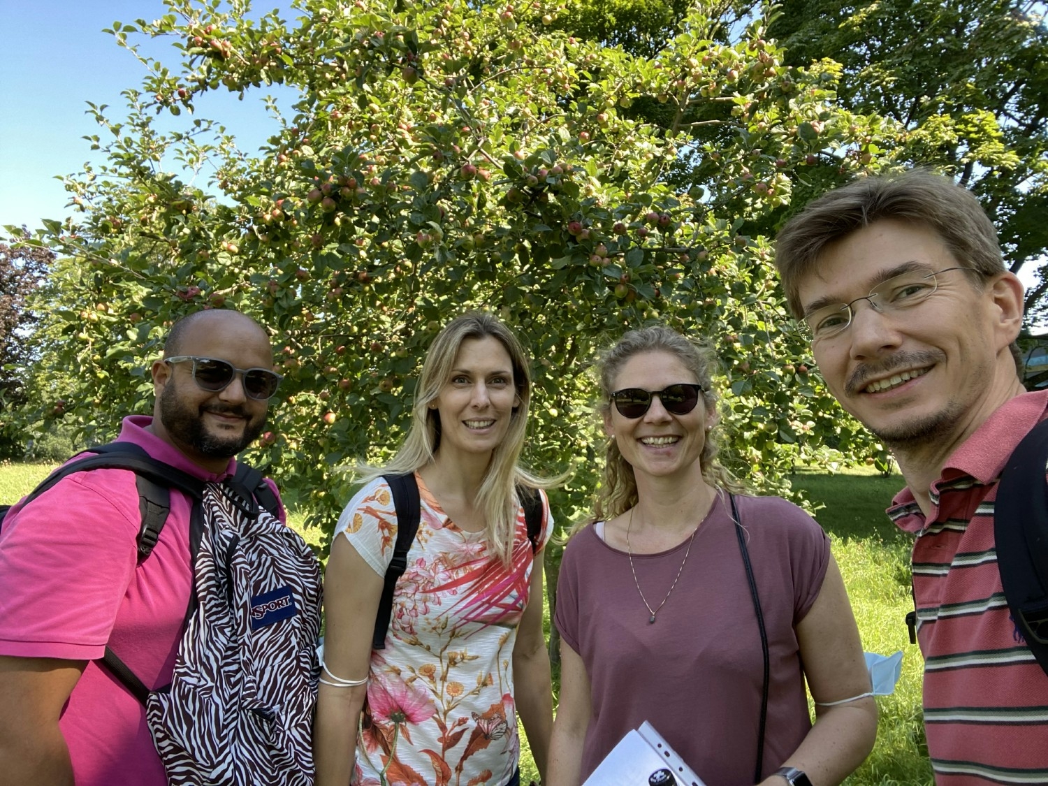 Swiss employees gather outdoors for a team outing.